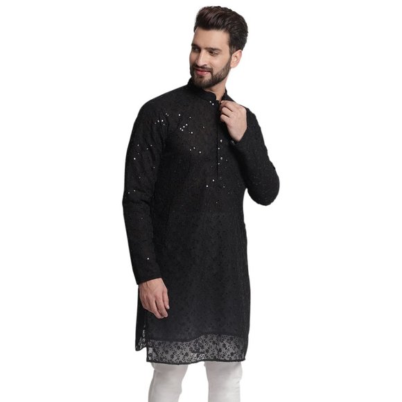 Men Chikankari Georgette Black Kurta Full Sleeve Knee Length Kurta - Picture 2 of 6